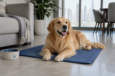 Dog resting on a blue cooling mat in a shaded air-conditioned Dubai-style apartment